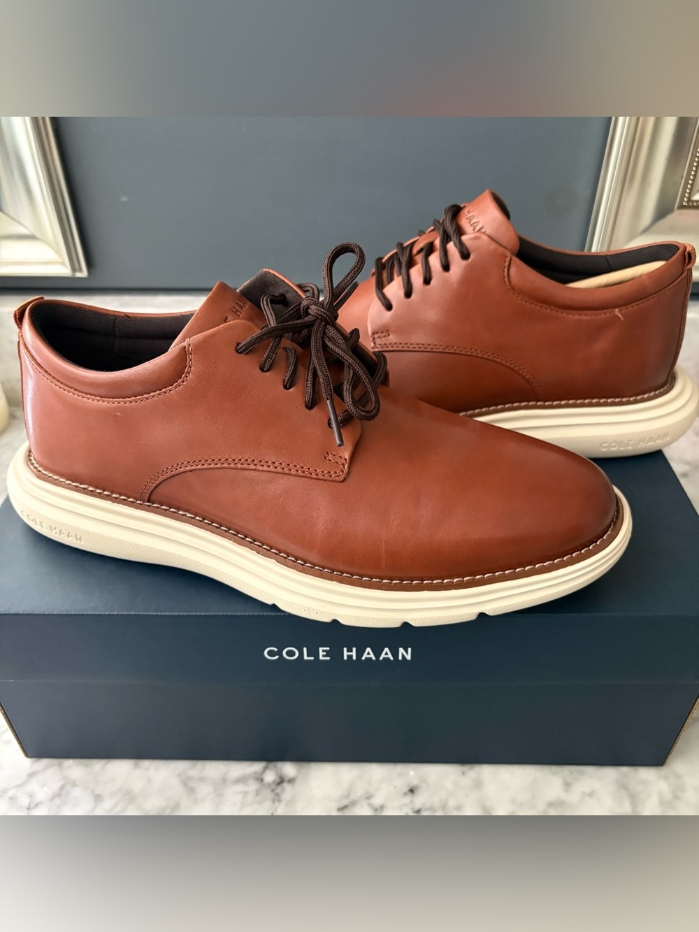 Cole Haan Men Grand+ Ultra Oxford British Tan Lace Up Leather Dress Shoe Size 8